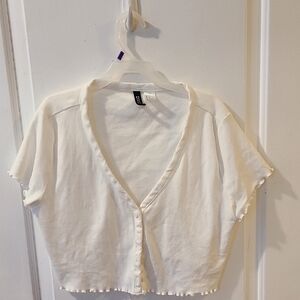 Divided White Short Cropped Lettuce Sleeve Cardigan